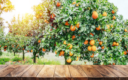 Empty wooden board or table top and blurred orange orchard. Place your product display.の写真素材
