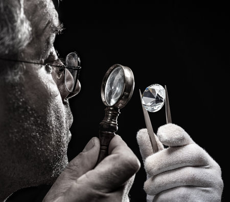 Large gemstone in jeweler's hand close up. Gem identifying and evaluating process.の写真素材