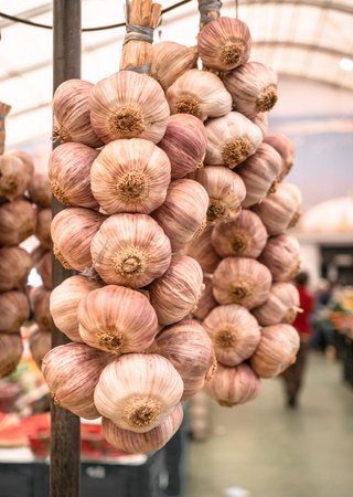Strings of garlic bulbs hanging in the farm market. Food background.