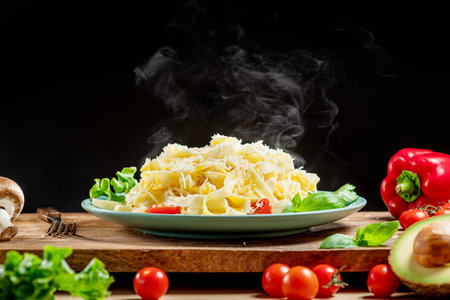 Hot, steaming freshly prepared pasta dish and fresh vegetables near it, Pasta is mediterranean Italian traditional cuisine.の写真素材