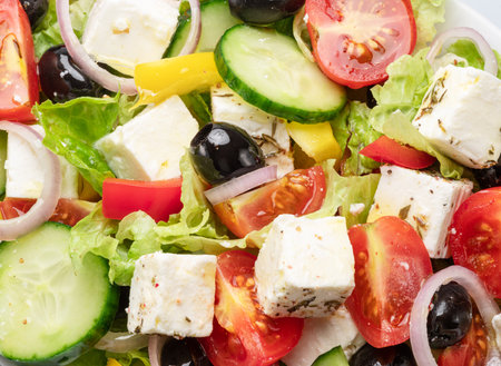 Greek salad ingredients close up. Tasty food background.の写真素材