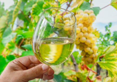 Glass of white wine in man hand and cluster of grapes on vine at the background.の写真素材