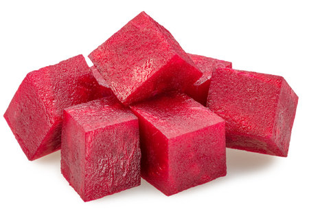 Raw red beetroot cubes isolated on white background. File contains clipping path.の写真素材
