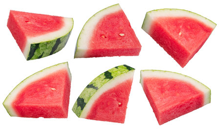 Set of watermelon triangle slices without seeds isolated on white background.