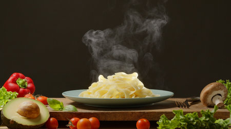 Hot, steaming freshly prepared pasta dish and fresh vegetables near it, Pasta is mediterranean Italian traditional cuisine.の写真素材