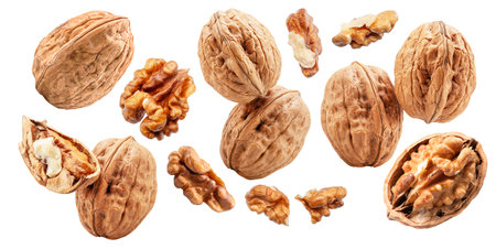 Set of whole walnuts, walnut kernel and cracked walnut isolated on white background.