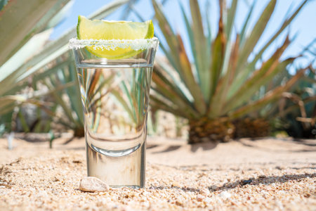 Tequila shot or mezcal shot with salt on edge of glass and slice of lime on sand and blurred agave cactus at the background.の写真素材