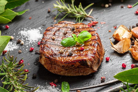 Grilled delicious ribeye steak and some seasonings and herbs on black slate serving plate. Flat lay.の写真素材