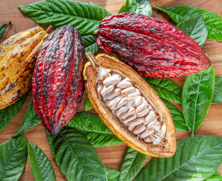Fresh cocoa fruits between green cocoa leaves on wooden background. Top view.の写真素材