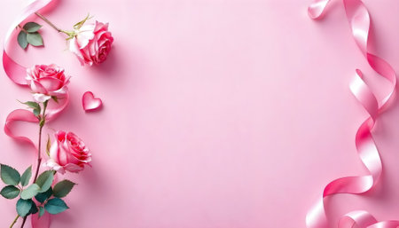 Pink background - greeting card with flowers and gift accessories for Valentine's Day or birthday.の素材