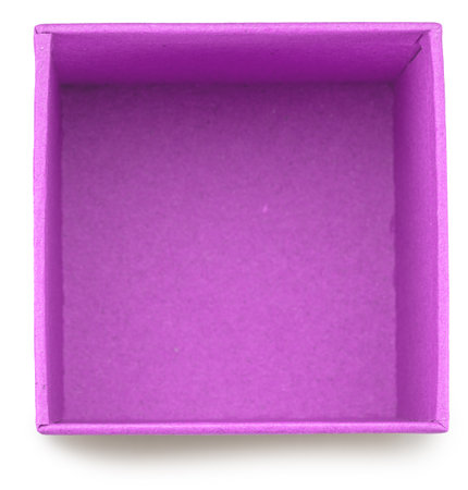 Open empty pink cardboard gift box on white background, top view.の写真素材
