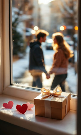 Valentine's Day. On the windowsill are gifts in honor of Valentine's Day, on the street in the background are young lovers out of focus. AI generated.の素材