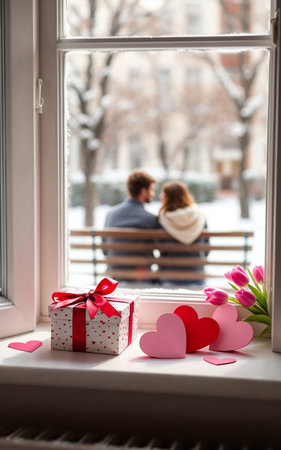 Valentine's Day. On the windowsill are gifts in honor of Valentine's Day, on the street in the background are young lovers out of focus. AI generated.の素材