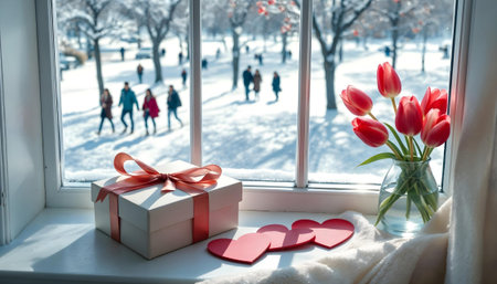 Valentine's Day. On the windowsill are gifts in honor of Valentine's Day, on the street in the background is a winter street with people. AI generated.の素材
