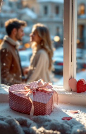 Valentine's Day. On the windowsill are gifts in honor of Valentine's Day, on the street in the background are young lovers out of focus. AI generated.の素材