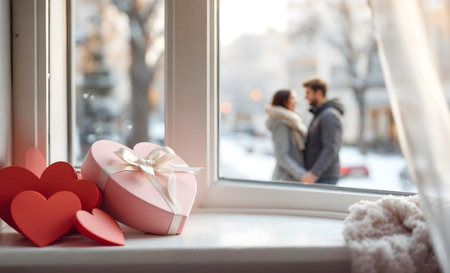 Valentine's Day. On the windowsill are gifts in honor of Valentine's Day, on the street in the background are young lovers out of focus. AI generated.の素材