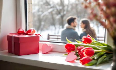 Valentine's Day. On the windowsill are gifts in honor of Valentine's Day, on the street in the background are young lovers out of focus. AI generated.の素材