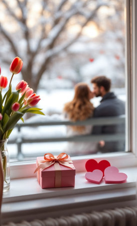 Valentine's Day. On the windowsill are gifts in honor of Valentine's Day, on the street in the background are young lovers out of focus. AI generated.の素材