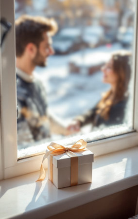 Valentine's Day. On the windowsill are gifts in honor of Valentine's Day, on the street in the background are young lovers out of focus. AI generated.の素材