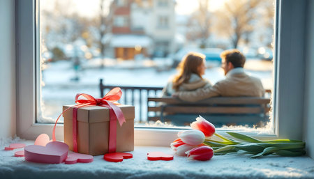 Valentine's Day. On the windowsill are gifts in honor of Valentine's Day, on the street in the background are young lovers out of focus. AI generated.の素材