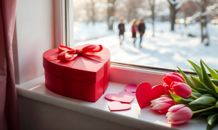 Valentine's Day. On the windowsill are gifts in honor of Valentine's Day, on the street in the background is a winter street with people. AI generated.の素材