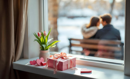 Valentine's Day. On the windowsill are gifts in honor of Valentine's Day, on the street in the background are young lovers out of focus. AI generated.の素材
