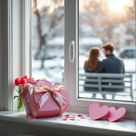 Valentine's Day. On the windowsill are gifts in honor of Valentine's Day, on the street in the background are young lovers out of focus. AI generated.の素材