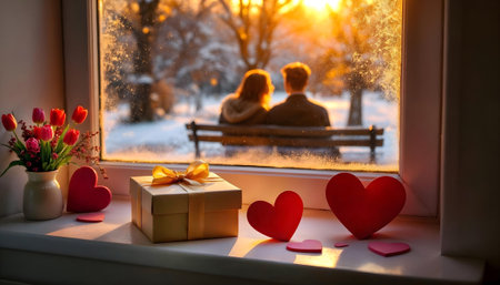 Valentine's Day. On the windowsill are gifts in honor of Valentine's Day, on the street in the background are young lovers out of focus. AI generated.の素材