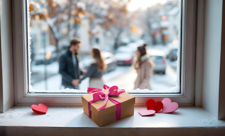Valentine's Day. On the windowsill are gifts in honor of Valentine's Day, on the street in the background are young lovers out of focus. AI generated.の素材