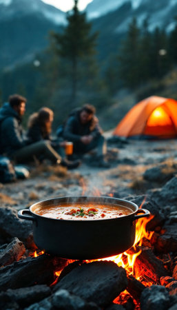 Campsite with a group of young tourists in the mountains, in the foreground is a pot of soup cooking on a fire.の素材