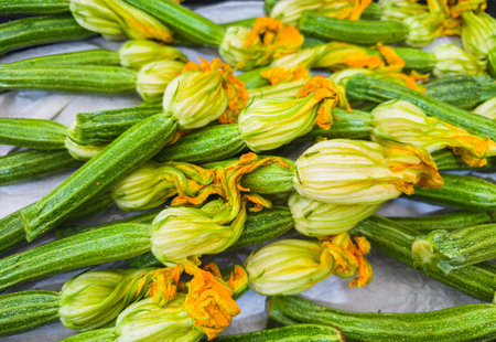 Fresh young courgette or zucchini fruits with yellow flowers close up.の写真素材