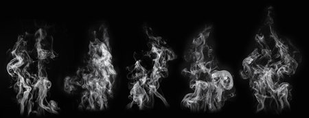 Several options of form water steam, isolated on a black background.の写真素材