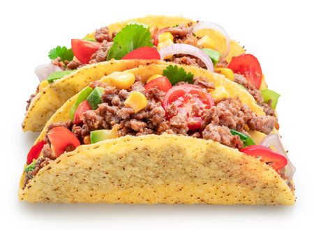 Mexican meat taco or beef stuffed tortilla isolated on white background. File contains clipping path.の写真素材