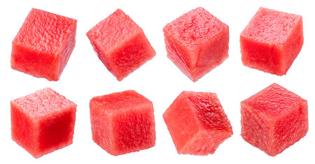 Set of watermelon cubes isolated on white background. File contains clipping paths.の写真素材