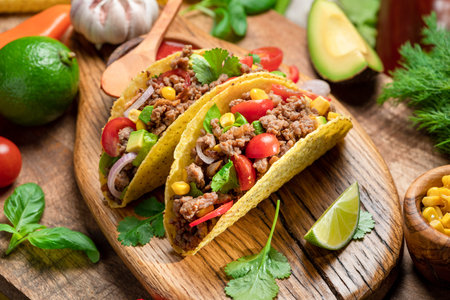 Mexican meat tacos or beef stuffed tortillas and lime slices near them on wooden serving board.