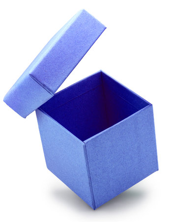 Open empty purple gift box and lid floating above a box isolated on white background. File contains...