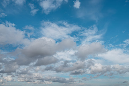 Sky panorama filled with a variety of clouds, from fluffy cumulus to wispy cirrus, stretches across...