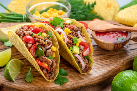 Mexican meat tacos or beef stuffed tortillas and lime slices near them on wooden serving board.の写真素材