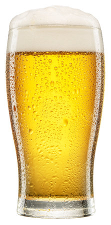 Glass of chilled light beer with beer foam and gas bubbles rising inside, isolated on white background. Clipping path.の写真素材