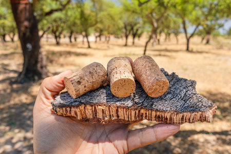 Piece of cork tree bark with corks on it. Cork oak orchard in the background.