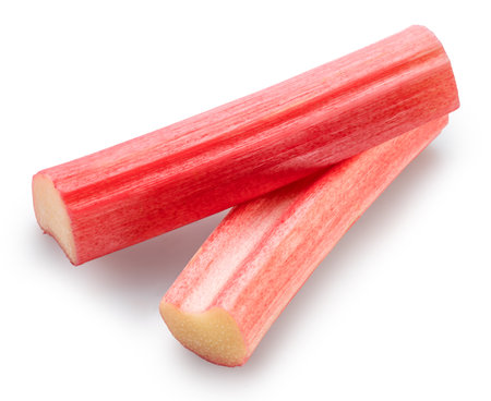 Cuts of red rhubarb stem on white background. File contains clipping path.の写真素材