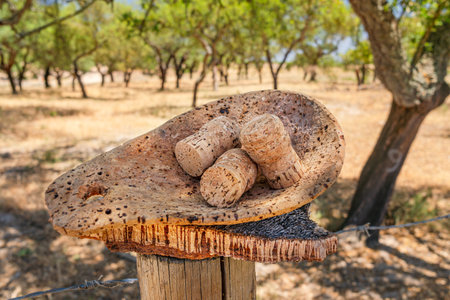 Corks on the piece of cork tree bark close-up. Cork oak orchard in the background.の写真素材