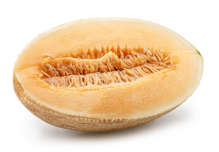 Ripe white oval melon cross section isolated on white background. File contains clipping path.の写真素材