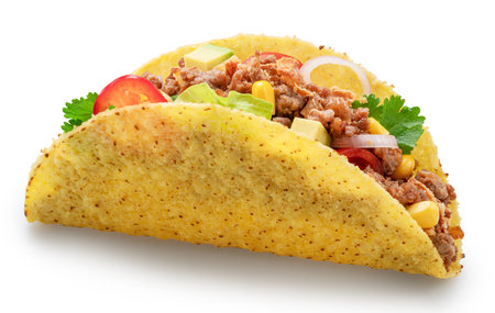 Mexican meat taco or beef stuffed tortilla isolated on white background. File contains clipping path.の写真素材
