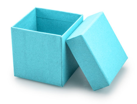 Open empty blue cardboard gift box isolated on white background. File contains clipping path.の写真素材