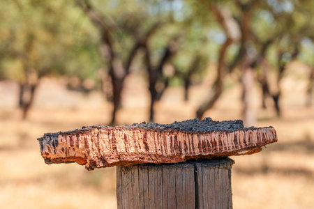 Piece of cork tree bark on foreground and blurred cork oak orchard in the background.の写真素材