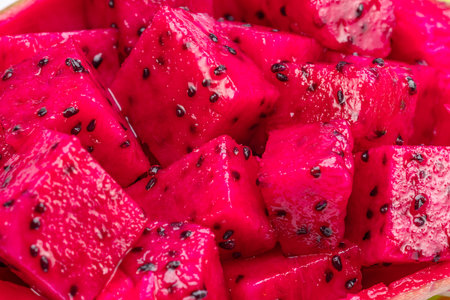 Dragon fruit cut in cubes close up.の写真素材