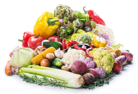Plenty of fresh organic vegetables and herbs close-up. Food background.の写真素材