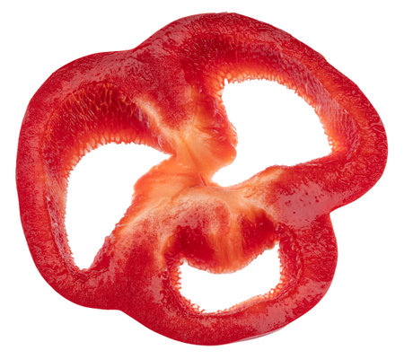 Red bell pepper cross cut slice isolated on white background. File contains clipping path.の写真素材