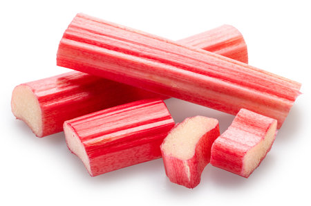 Cuts of red rhubarb stem on white background. File contains clipping path.
